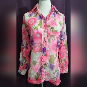 Vintage 70s bright floral sheer pinks sheer nylon button down shirt handmade hem